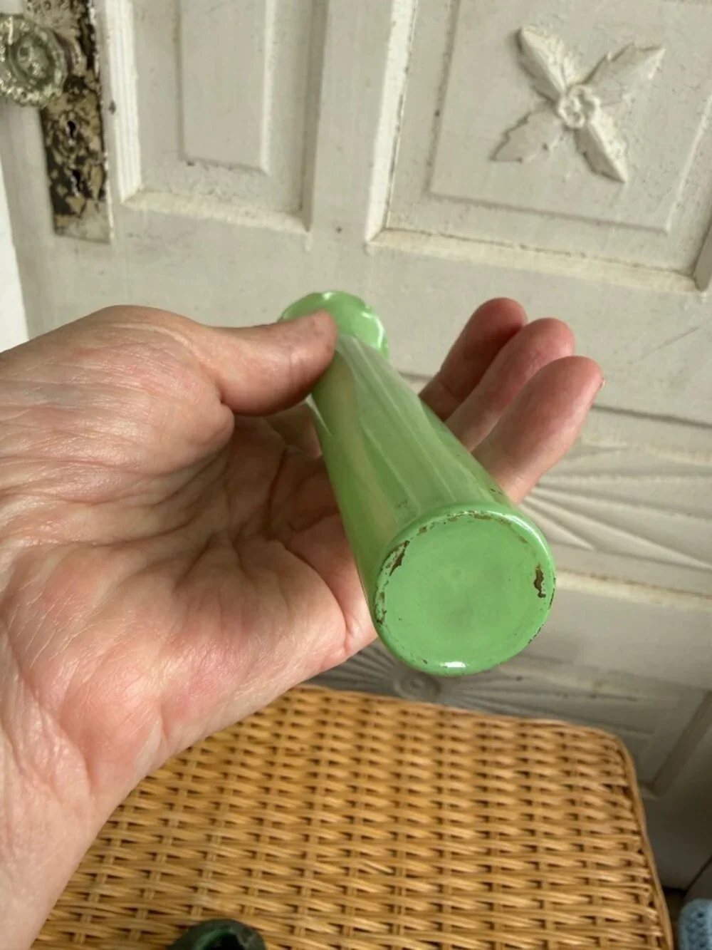 Antique 1910s Nouveau Green Opaline Glass Trumpet Bud Vase Metal Base